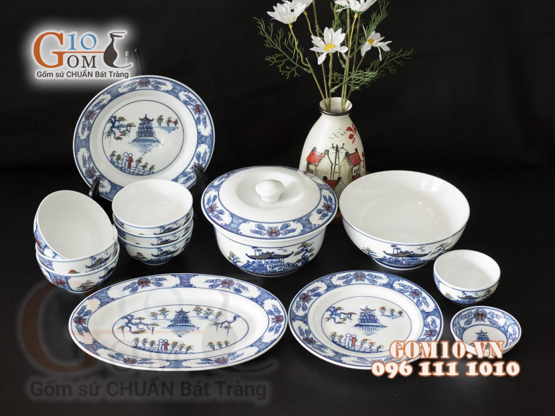 Bộ đồ ăn men trắng vẽ cảnh Hà Nội