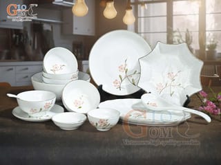Bộ đồ ăn men trắng vẽ hoa Đào hồng, 15 chi tiết