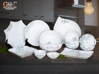 Bộ đồ ăn men trắng vẽ hoa Sen xanh, 15 chi tiết