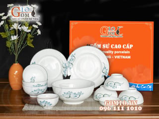 Bộ đồ ăn men trắng vẽ Sen xanh, 11 chi tiết