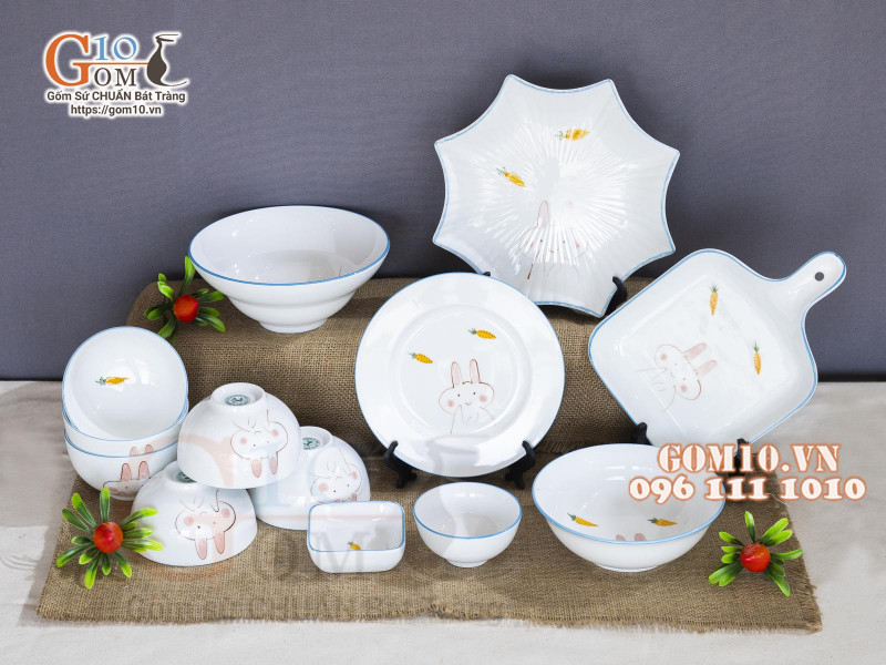 Bộ đồ ăn men trắng vẽ Thỏ con, 13 chi tiết