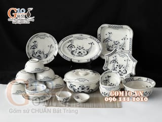 Bộ đồ ăn quà tặng men chàm cổ họa tiết sen đen, in logo