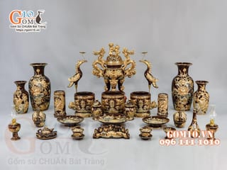 Bộ đồ thờ Phúc Lộc Thọ đắp nổi, màu nâu - vẽ vàng 24k