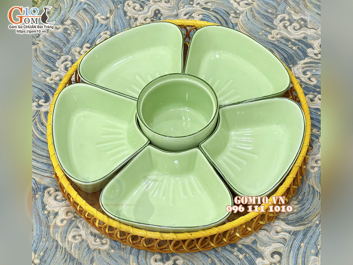 Bộ khay sứ 5 cánh hoa men ngọc trơn cao cấp, khay mây