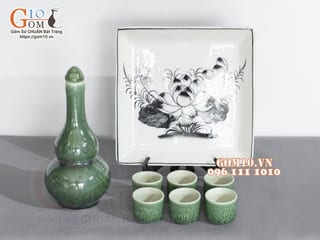 Bộ nậm rượu xanh đồng vẽ Sen