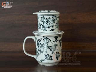Bộ phin cà phê men bóng vẽ hoa sen đen