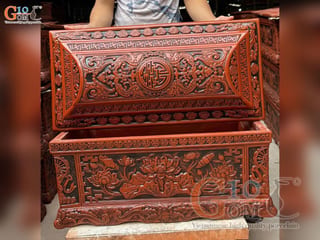 Bộ quách tiểu gốm mộc khắc nổi Sen, 76x40cm
