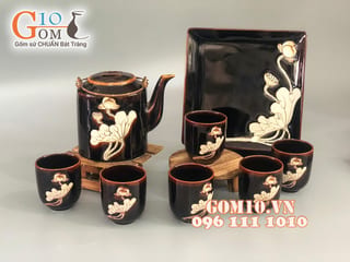 Bộ tích men hỏa biến khắc sen 1000ml, khay vuông