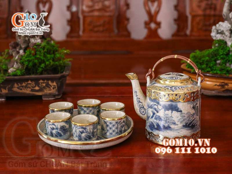 Bộ tích trà men rạn cổ bọc đồng, đĩa liền 1.2 lít