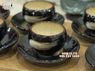 Cặp chén đĩa men hỏa biến gấm quẹt