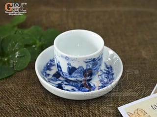 Cặp chén đĩa bộ 600ml men lam cổ cảnh trúc lâm thất hiền 