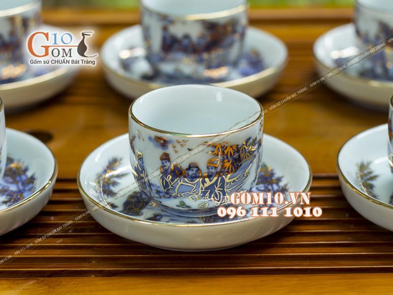 Cặp chén đĩa men rong cổ họa tiết Trúc Lâm Thất Hiền, vẽ vàng 24k