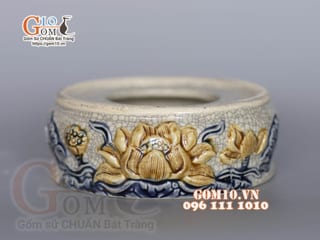 Chân kê bát hương men rạn đắp nổi Sen Tài Lộc, đường kính 20cm 