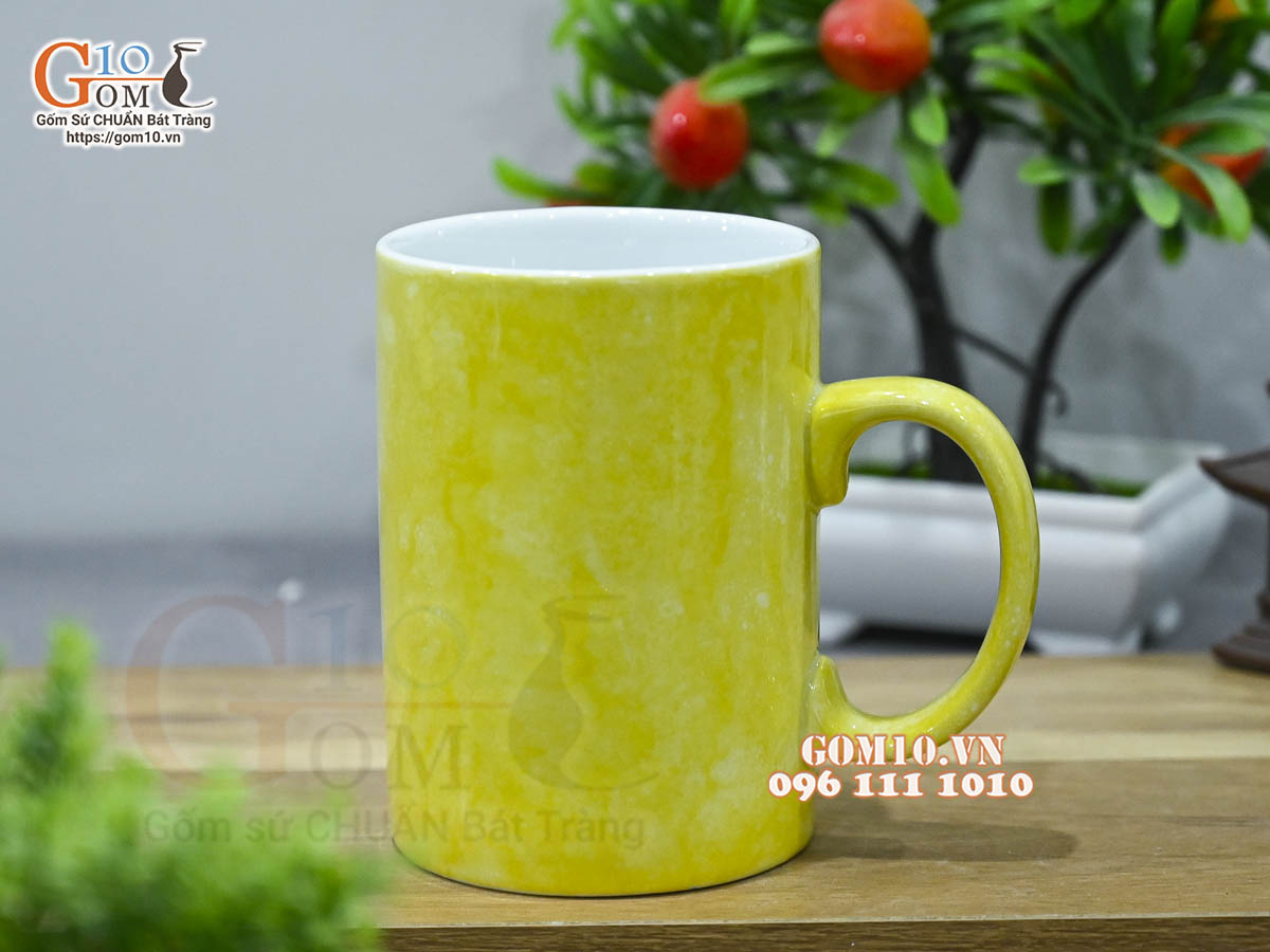 Cốc sứ quai tròn men đá màu vàng chanh 450ml