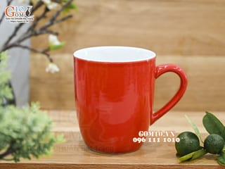Cốc sứ có quai dáng bầu màu đỏ lòng trắng, 8cm