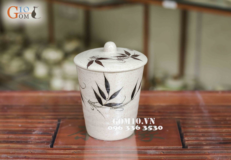 Cốc gốm dáng trụ, họa tiết tre - đường kính 9cm