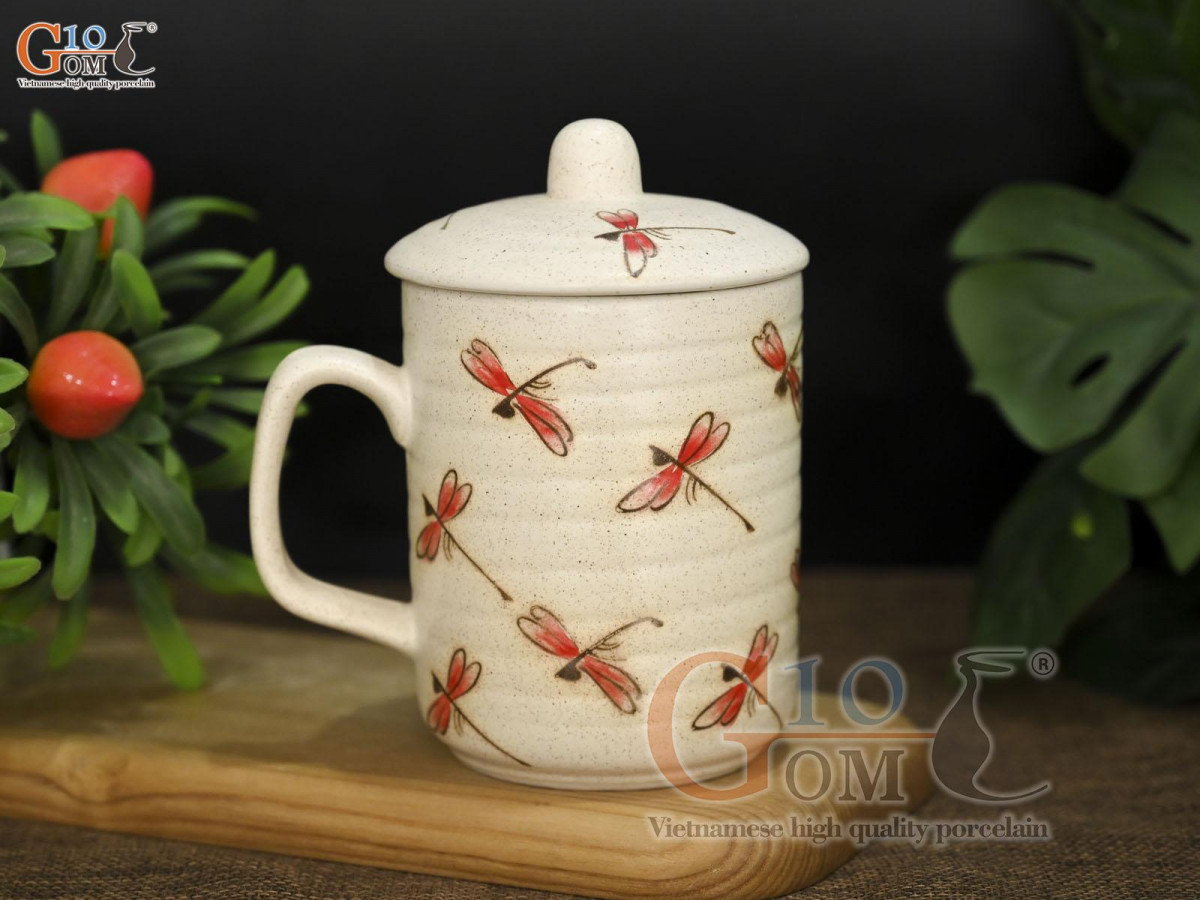 Cốc gốm quay vuông vẽ Chuồn Chuồn, 350ml