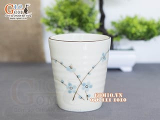 Cốc trụ men kem vẽ hoa Đào xanh, 350ml