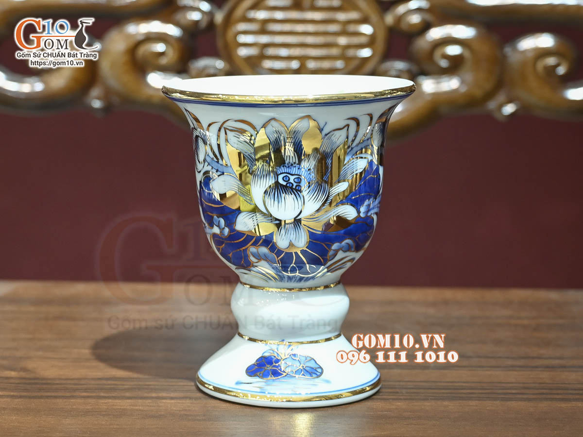 Cốc phật thủ men lam cổ Sen Cát Tường, vẽ vàng 24k, cao 15cm