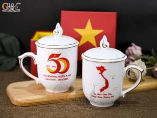 Cốc sứ mừng Đại lễ 30/4, 50 năm ngày Giải Phóng Miền Nam, kẻ chỉ vàng kim