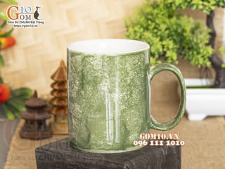 Cốc sứ quai tròn men đá, màu xanh loang 350ml