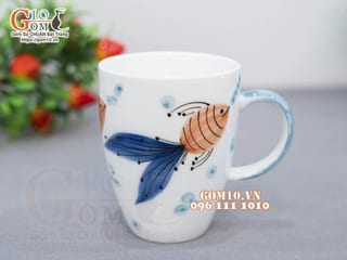 Cốc sứ men trắng vẽ tiểu ngư, 280ml