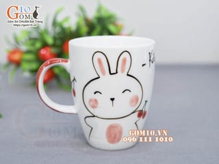 Cốc sứ men trắng vẽ thỏ, 280ml