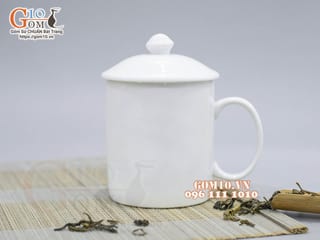 Cốc sứ quai tròn men trắng có nắp, 350ml