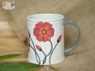 Cốc sứ vuốt tay xuất dư Châu Âu, quai nắm men bóng vẽ hoa đỏ, 450ml