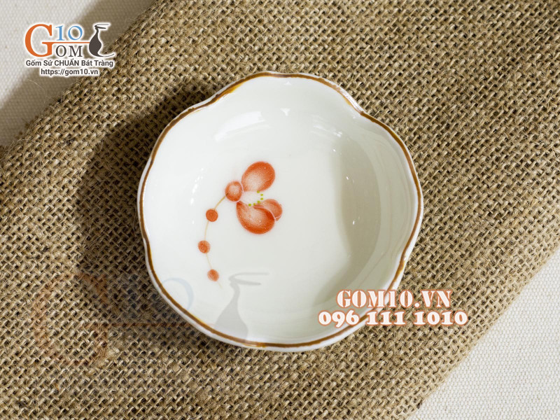 Đĩa muối hoa men kem vẽ hoa Hải Đường