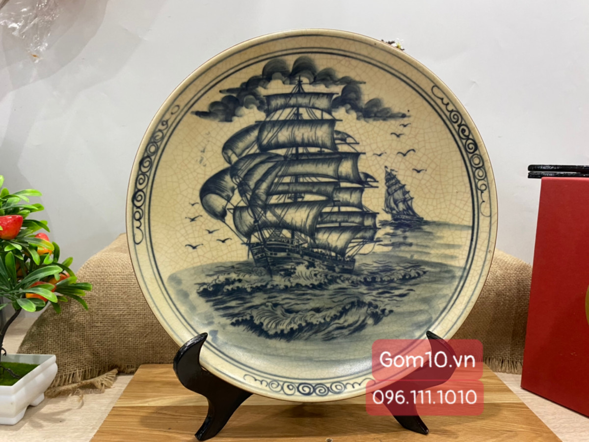 Đĩa trang trí men rạn cổ cảnh Thuận Buồm Xuôi Gió, đường kính 30cm