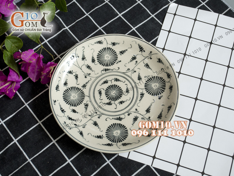 Đĩa tròn hoạ tiết hoa móc men bóng, đường kính 30cm