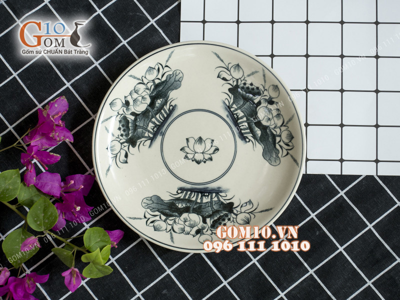 Đĩa tròn họa tiết hoa sen men bóng, đường kính 28cm