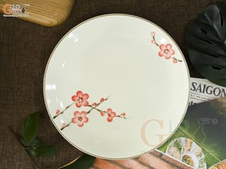 Đĩa tròn men kem vẽ hoa đào đỏ, 18cm