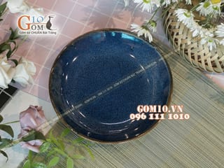 Đĩa tròn men hỏa biến xanh đá, đường kính 13cm