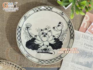 Đĩa tròn xanh đồng vẽ Sen, đường kính 24cm
