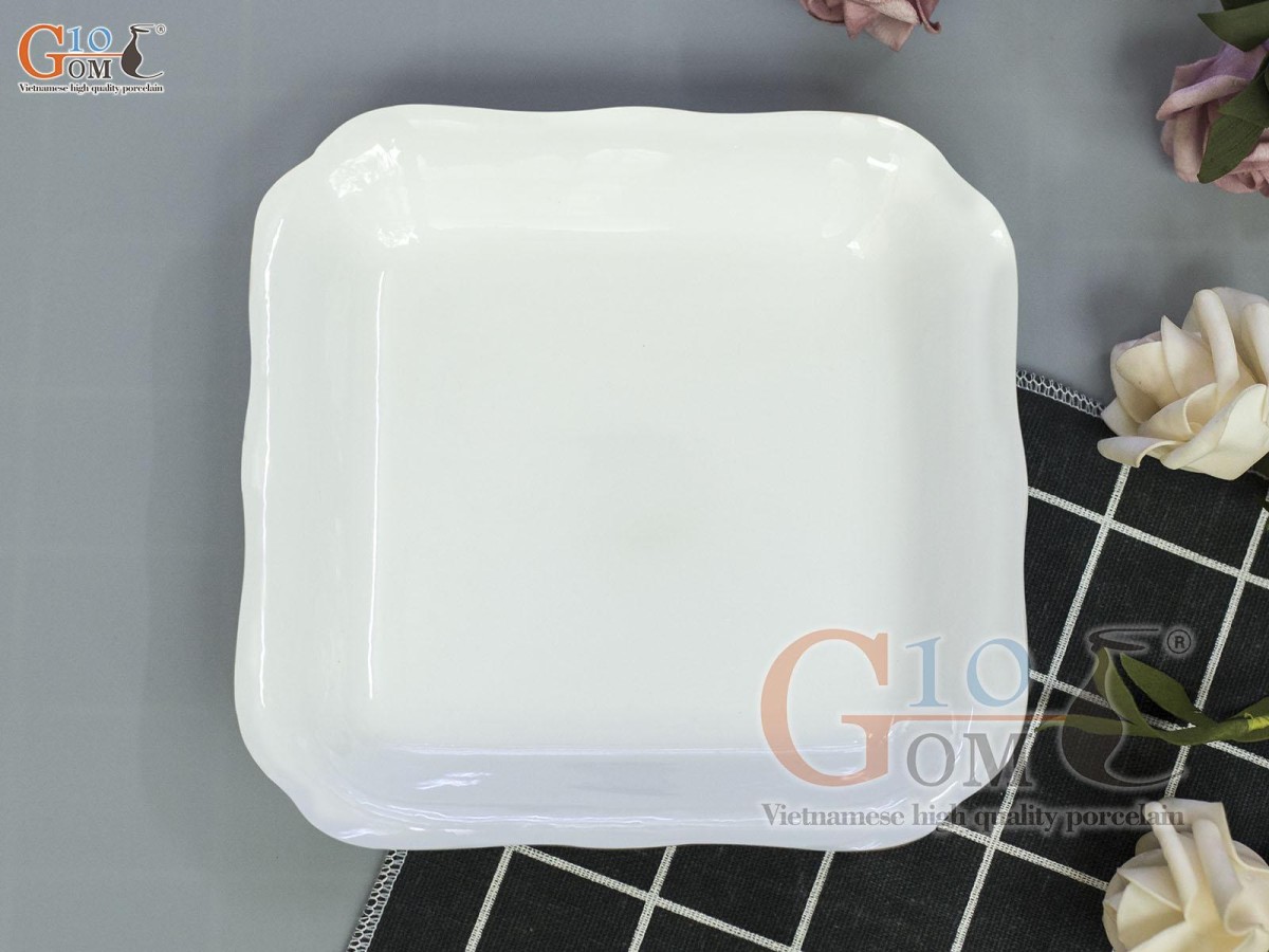 Đĩa vuông lượn men trắng cao cấp, 17cm