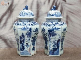 Đôi chóe lục giác men lam cổ vẽ Sơn Thủy, cao 41cm