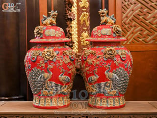 Đôi chóe men màu đắp nổi Công Đào Tài Lộc nền đỏ, 50L