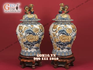 Đôi chóe men rạn đắp nổi hoa Sen cao cấp 20 Lít