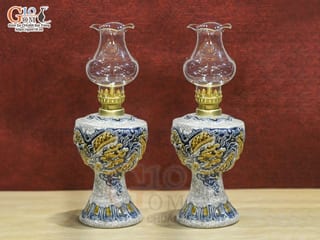 Đôi đèn dầu men rạn đắp nổi rồng Như Ý, cao 18cm