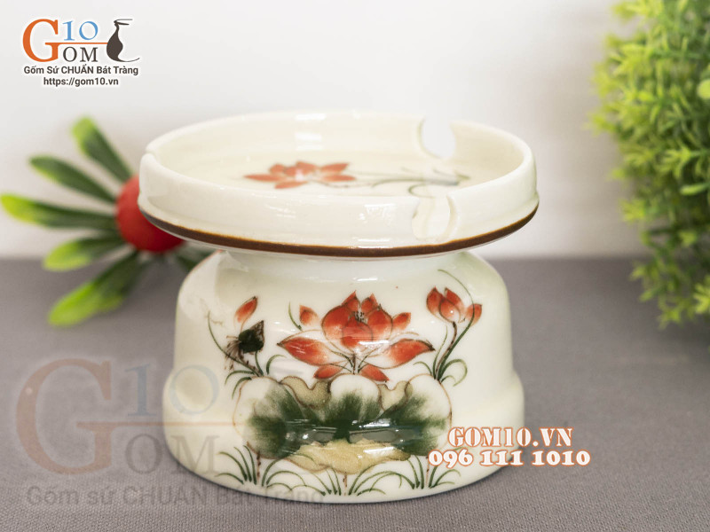 Gạt tàn men kem vẽ hoa Sen đỏ