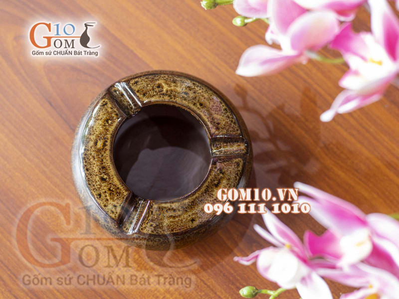 Gạt tàn tròn men hỏa biến CỐT GỐM nâu