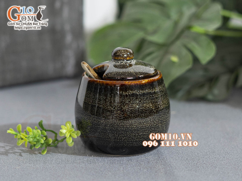 Hũ đựng gia vị men hỏa biến gấm quẹt màu mật ong
