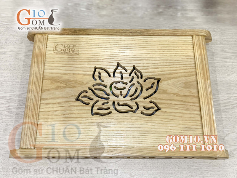 Khay trà hoa sen dáng cuốn thư - Gỗ Tần Bì (50x35cm)