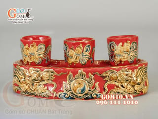 Kỷ cong 3 chén màu Đỏ đắp nổi Rồng- vẽ vàng 24k