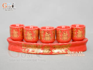 Kỷ cong 5 chén họa tiết Rồng Phúc - Lộc - Thọ vàng kim men đỏ