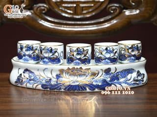 Kỷ cong 5 chén men lam cổ Sen Cát Tường, vẽ vàng 24k