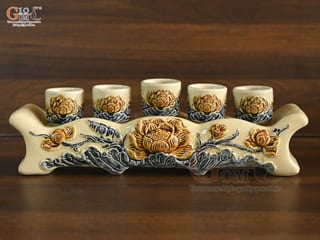 Kỷ ngai 5 chén men hoàng tộc đắp nổi Sen Cát Tường