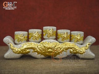 Kỷ ngai 5 chén men rạn đắp nổi Rồng Như Ý dát vàng 24k